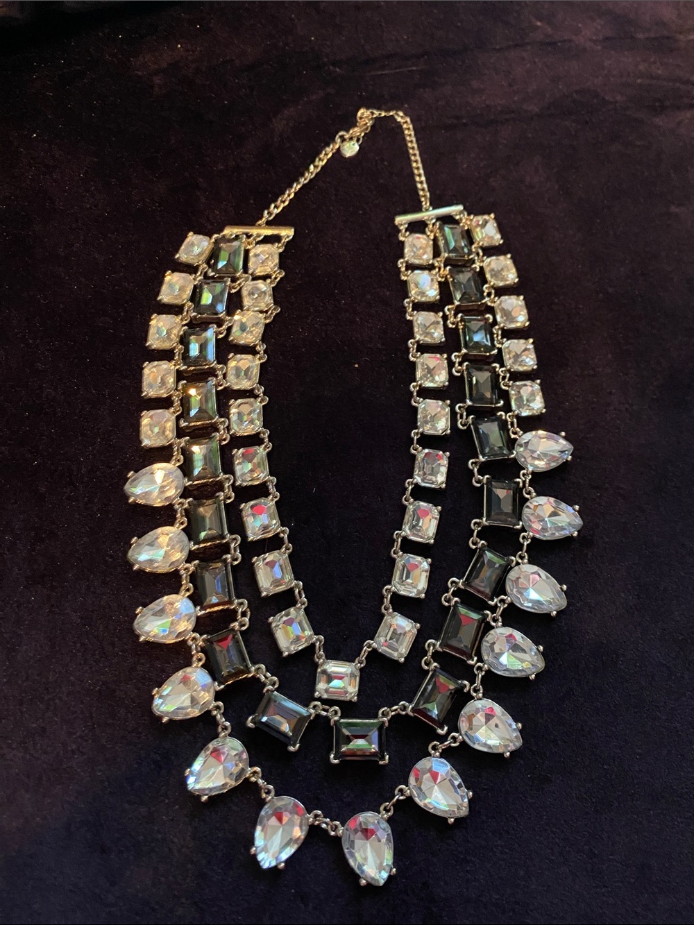 Gold-Tone Multi-Row Crystal Necklace in Black and Clear